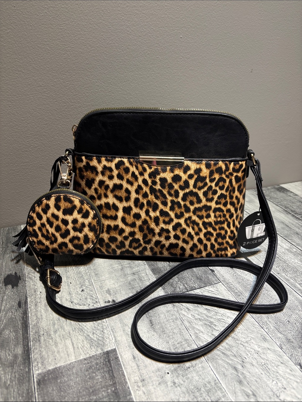 Leopard Print Dome Crossbody Bag with Coin Pouch - Black & Tan